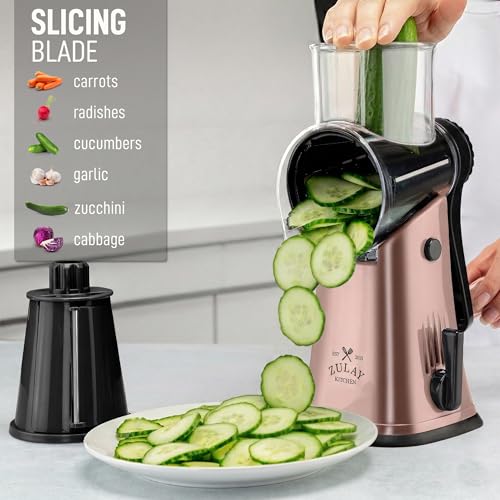 Rotary Cheese Grater Manual Hand Crank 5 Blade Shredder (5 Blades / Rose Gold & Black)