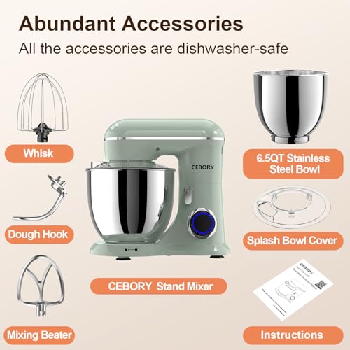 3-IN-1 Electric Stand Mixer, 6.5QT Bowl 660W 10-Speed Kitchen Mixer, Household Food Mixers include Dough Hook, Beater and Whisk, Bread Cake Mixer for Baking and Most Home Cooks, Green (Green)