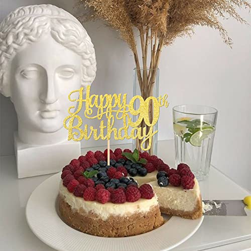 1 PCS Happy 90th Birthday Cake Topper Gold Glitter Cheers to 90 Years Birthday Cake Pick 90 Fabulous Cake Decoration for Happy 90th Birthday Theme Party Decorations Supplies (Gold / 90th)