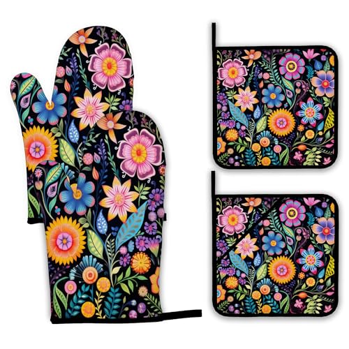 Vintage Hippie Flower Oven Mitts and Pot Holders (4 Count)