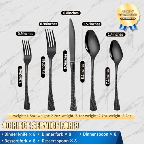 Hammered Black Silverware Set for 8 (Black / 40 Pieces Set)