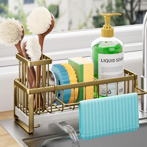 Sponge Holder for Kitchen Sink (Dark Gold / with Dishcloth Holder)