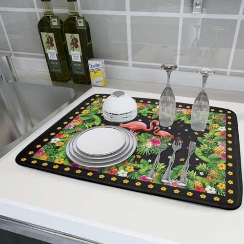 Tropical Flamingo Dish Drying Mat Palm Leaves Absorbent Dishes Drainer Pad Microfiber Dish Rack Mat for Kitchen Countertop Decor 18x24 Inch (Flamingo Leaves / 24" x 24")