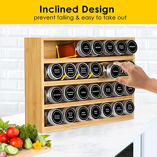 Bamboo Spice Rack Organizer With 28 Glass Spice Jars 4 oz (Bamboo Natural Color)