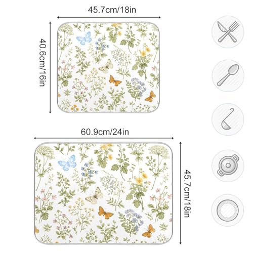 Herbs Flowers Botanical Butterfly Dish Drying Mat for Kitchen Counter Absorbent Microfiber Drying Pad (16" x 18")