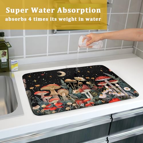 Black Mushroom Dish Drying Mat for Kitchen Counter Leaves Botanical Microfiber Dish Rack Mat Drainer Pad Washable Absorbent Dry Mat 18×24 Inch (Black Mushroom / 18" x 24")