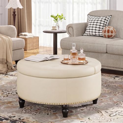 31.5" Large Round Ottoman with Storage Circular (Cream White)