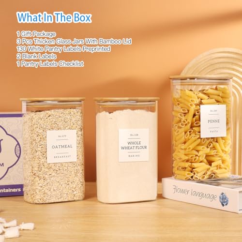 3 Pack Square Glass Pantry Storage Containers with 132 Kitchen Food Pantry Labels