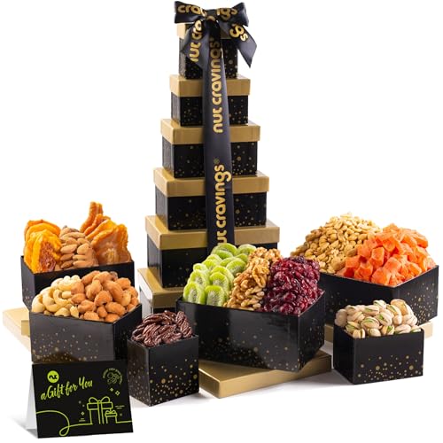 Rosh Hashana Gift Dried Fruit & Nuts Tower (4. Black & Gold - 6 Tier Tower)