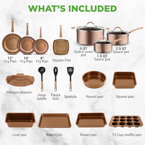 20 Piece Professional Home Kitchen Cookware and Bakeware (Matte Gold)