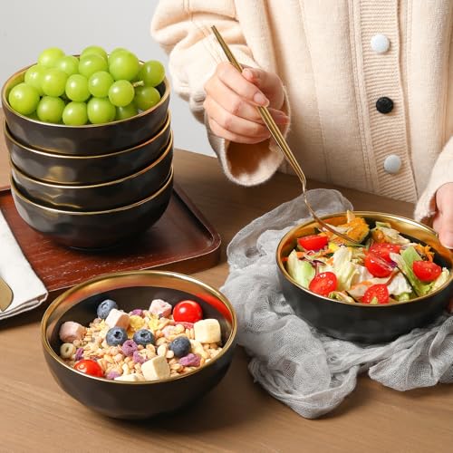 Ceramic Salad Bowls Set for Kitchen (Black with Golden)