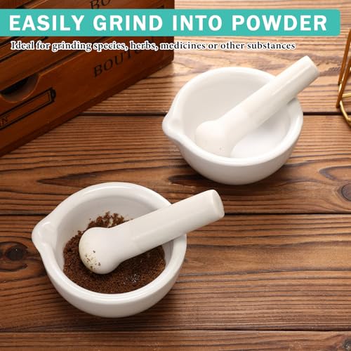 2 Sets Mini Porcelain Mortar and Pestle Set Porcelain Herb Grinder Crusher Grinding Bowl Kitchen Mixing Grinding Bowl with 2 Pieces Brushes for Seasonings (4 Count)