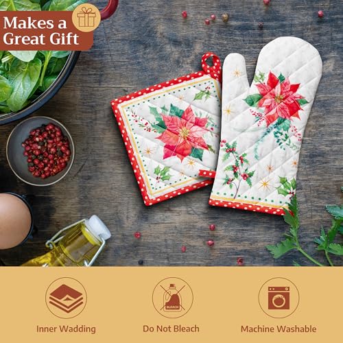 100% Cotton Oven Mitt & Pot Holder Set (117 - Poinsettia Christmas / 7.5" x 13" & 8" x 8" (Oven Mitt & Pot Holder))