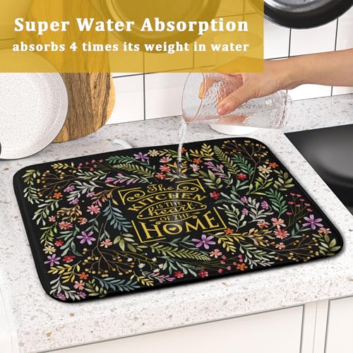 Absorbent Dish Drying Mat Colorful Flowers Microfiber Pad for Kitchen Counter Coffee Bar Decor 16" X 18" (Vintage Leaves Black / 18" x 16")