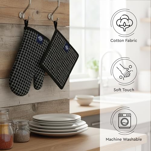 Oven Mitts and Pot Holders Set (Oven Glove + Pot Holder / Butcher Checks Black)