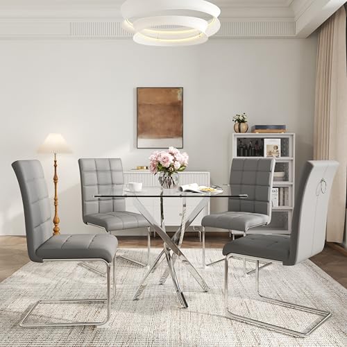5 Piece Square Glass Dining Table Set (Square Table - 4 Silver Grey Chairs)