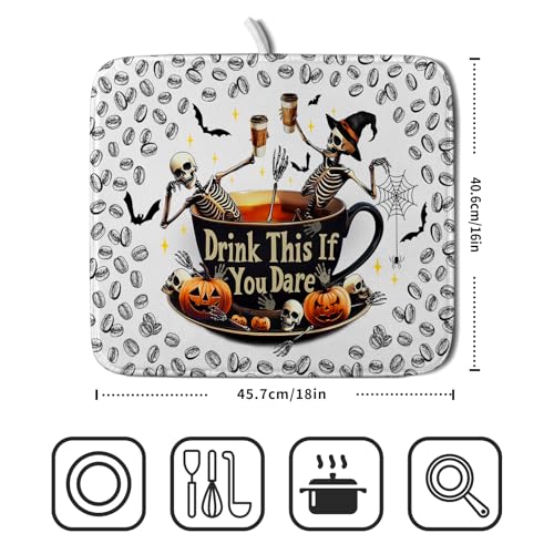 Funny Skull Coffee Mat for Table Counter Skeleton Dish Drying Mat Holiday Decoration for Home Coffee Bar (Dead Coffee White / 18" x 16")
