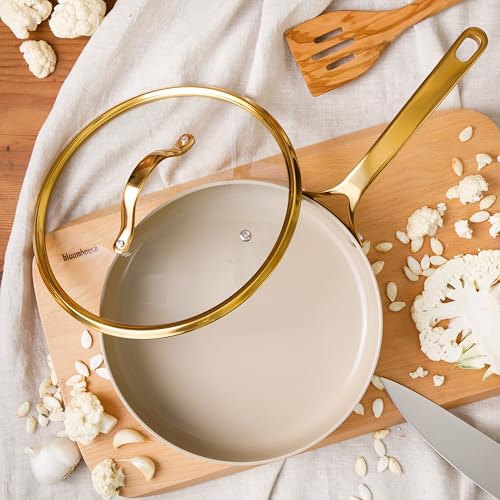 Saute Deep Frying Pan Skillet with Lid (Almond Cream w/ Gold Handle / Deep Fry Pan w/ Lid (10-Inch))