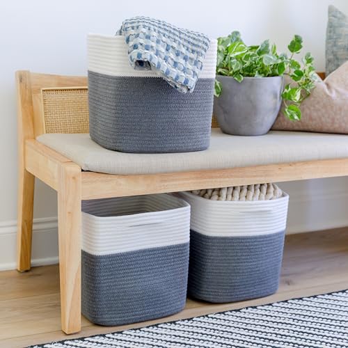 Storage Cubes 11 Inch Cotton Rope Woven Baskets for Organizing (Off White & Charcoal Gray)
