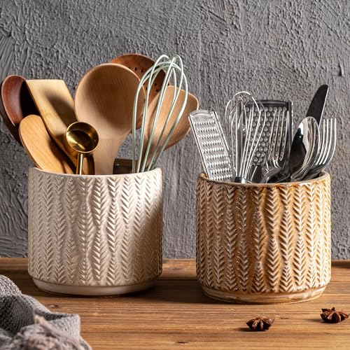5.3 Inch Ceramic Utensil Crock Utensil Holder Countertop (Brown)