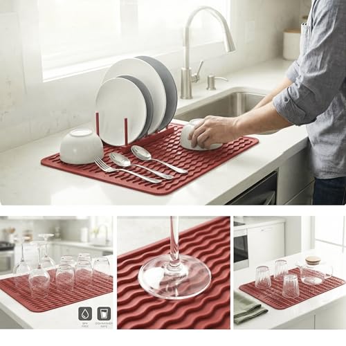 Silicone Dish Drying Mat (Red / 16"L x 12"W)