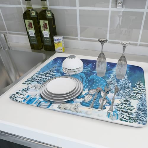 Winter Blue Gnome Dish Drying Mat for Kitchen Counter Pine Tree Microfiber Dish Pad Absorbent Reversible Fast Dry Draining Mats 18x24 Inch (Blue Winter Gnome / 18" x 24")
