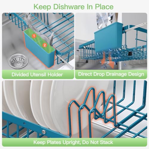 Blue Dish Drying Rack Over the Sink with Utensil Holder (Blue / For 12.5"-30"w Sink, Expandable)