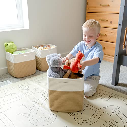 Storage Cubes 11 Inch Cotton Rope Woven Baskets for Organizing (Off White & Tan Brown)