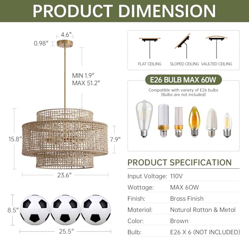 24" Rattan Chandelier for Dining Room (Gold / 24" 6-Light)