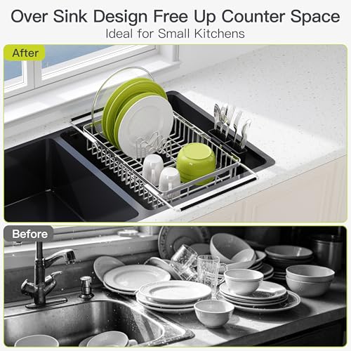 Expandable Dish Drying Rack Over the Sink with Utensil Holder (Silver / For 12.5"-30"w Sink, Expandable)