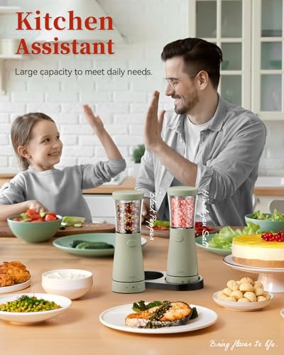 Electric Salt and Pepper Grinder Set with Storage Base (Green)