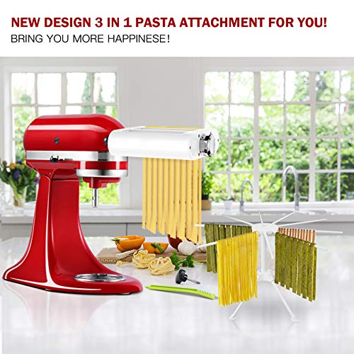 3 1 Pasta Maker Attachment for KitchenAid includes Pasta Sheet Roller attachment & Spaghetti Cutter & Fettuccine Cutter attachment (White+Silver)