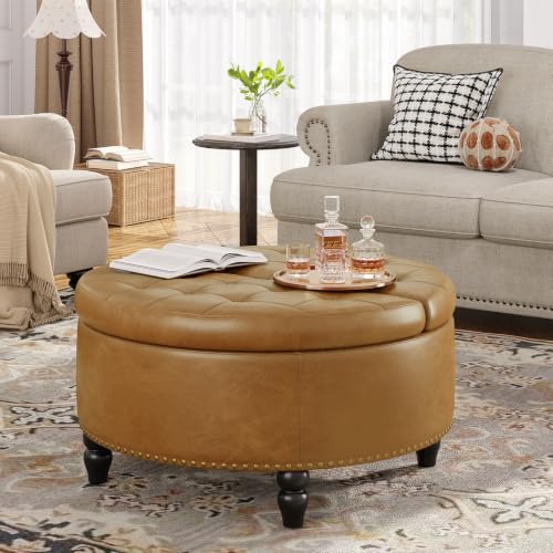31.5 Inch Large Round Ottoman with Storage Circular (Camle)