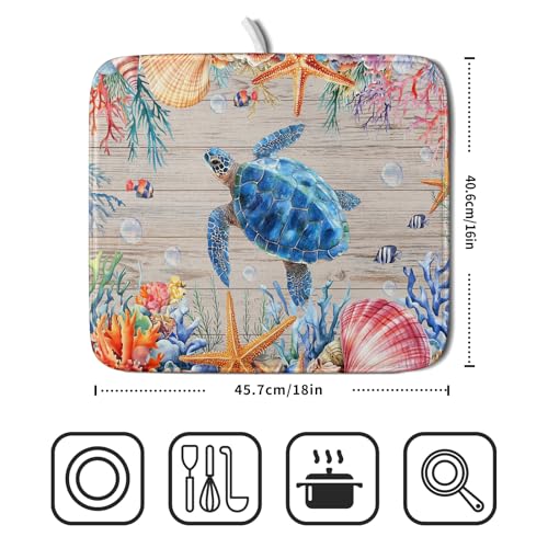 Sea Turtle Dish Drying Mat 16x18 inch Tropical Ocean Fast Dry Absorbent Microfiber Dishes Drainer Rack Pad for Countertop Bar Table Decor (Marine Turtle / 16" x 16")