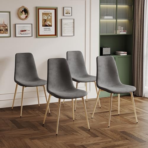 36" Square Glass Dining Table Set for 4 (Gold Square Table/Grey Velvet Chairs / 5 Pieces)