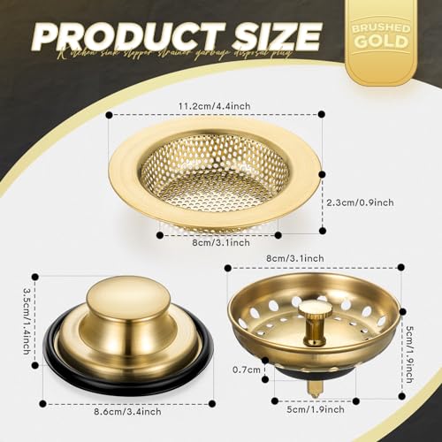 3 Pcs Kitchen Sink Drain Strainer and Stopper Stainless Steel Garbage Disposal Plug with Handle Universal Anti (Brushed Gold)