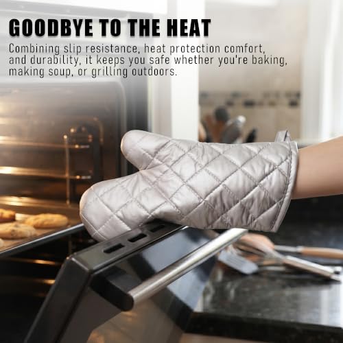Silver 13" Quilted Oven Mitts Set of 2 Heat Resistant for Kitchen Grill (Silver / 13 inch)