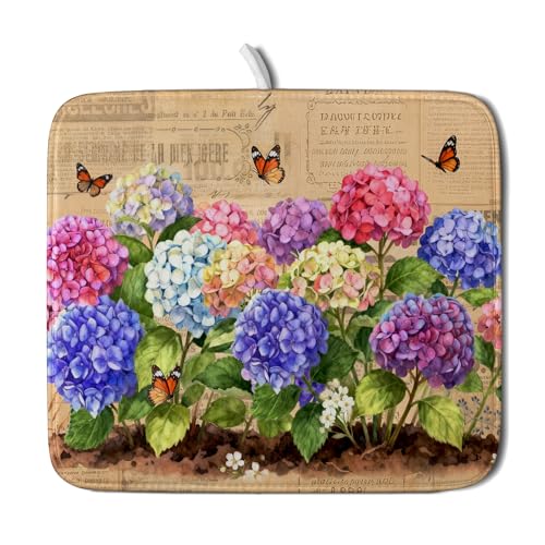 Vintage Hydrangea Dish Drying Mat Watercolor Floral Microfiber Absorbent Dish Drying Pad for Kitchen Counter Small (Vintage Hydrangea Brown / 18" x 16")