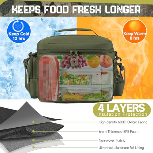Tactical Lunch Bag for Mens Military Heavy Duty Lunch Box Work Leakproof Insulated Durable Thermal Cooler Bag for Adult Meal for Office Camping Picnic Pail MOLLE Webbing Army Green