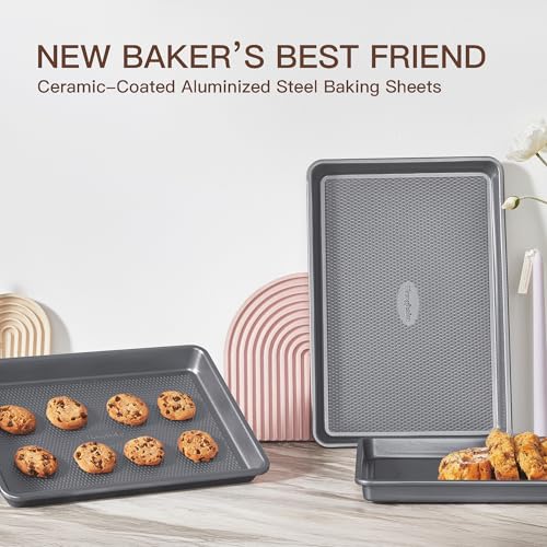 3 Pack Nonstick Ceramic Baking Sheet Pan Set for Oven (Charcoal Gray (0.8mm Aluminized Steel & Ceramic Coating))