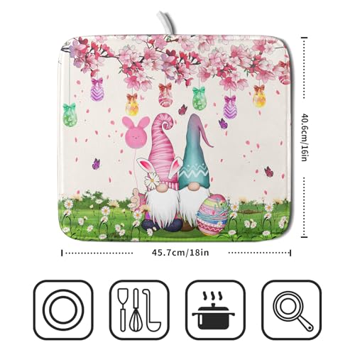 Easter Gnome Dish Drying Mat Floral Eggs Bunny Kitchen Drainer Mat 16x18 inch Absorbent Holiday Fast Dry Pad Protector for Counter Tabletop (Easter Gnome Egg / 16" x 18")