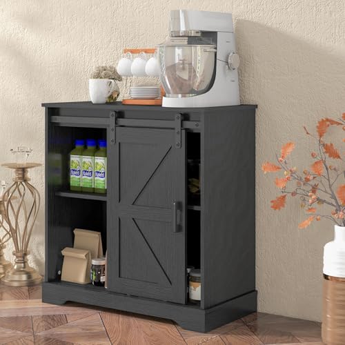 Sliding Barn Door Buffet Sideboard Storage Cabinet Coffee Bar Kitchen Farmhouse Style (Black)