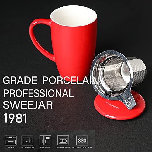 Sweejar Porcelain Tea Infuser Mug with Lid (Red / Tea Cup(16 Fl Oz))