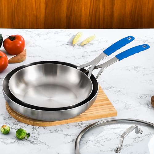 8.5-10-12" Stainless Steel Pans Set with 3 Lids, Detachable Handle