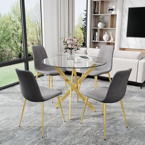 36" Round Glass Dining Table Set for 4 (Gold Round Table/Grey Velvet Chairs / 5 Pieces)