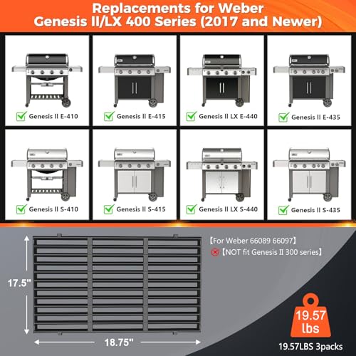 18.7 Inch Cast Iron Grill Grates for Weber Genesis II 400 Series (18.75" x 11.1" – 3 Pack)