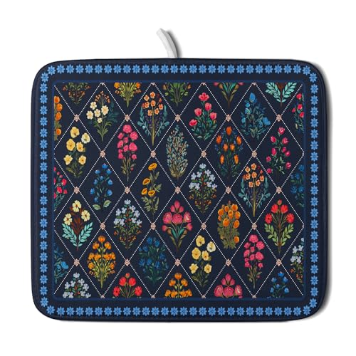 Lapis Blue Dish Drying Mat for Kitchen Counter Flowers Microfiber Absorbent Dish Draining Reusable Washable Small (Wildflowers Dark Blue / 18" x 16")