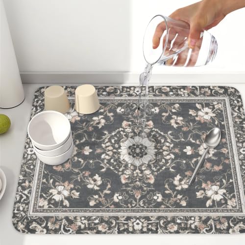 Boho Floral Dish Drying Mat Grey Leaves Dishes Drainer Pad 18x24 Inch Microfiber Absorbent Kitchen Dry Rack Mat for Counter Tableware Decor (Grey Boho Floral / 18x24 inch)
