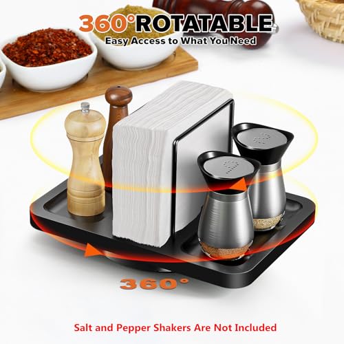 Rotating Napkin Holder for Table with Salt Pepper Shakers Caddy (Black)