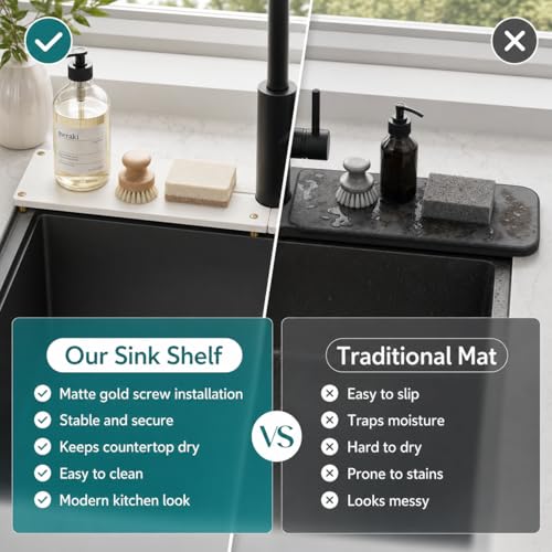 2PCS Stone Faucet Mat for Kitchen Sink (24"x 4" - White - Gold)